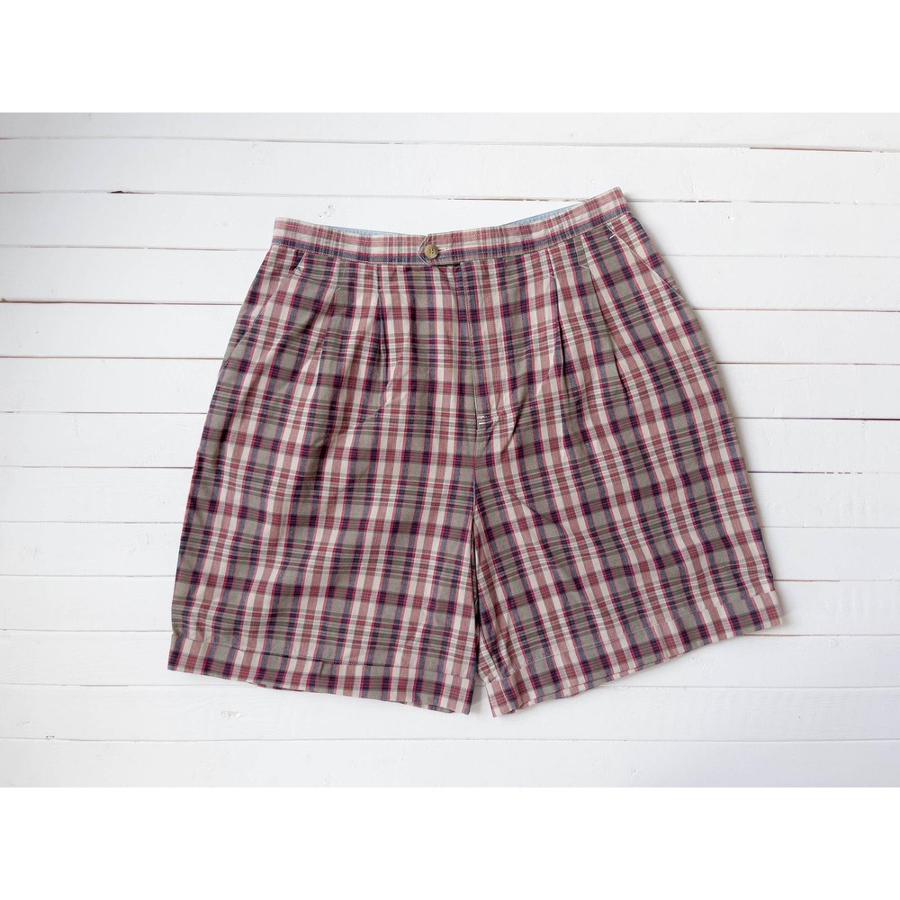 vtg olive green‎ red blue beige plaid cotton pleated high waist shorts
